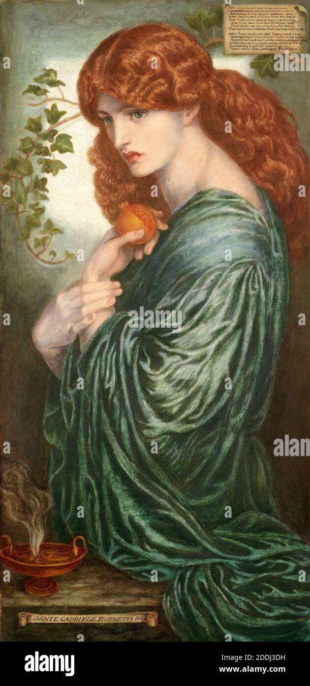 Proserpine, 1882 Artist: Dante Gabriel Rossetti Oil Painting, 19th Century, Redhead, Pomegranate, Roman Mythology, PortraitPre-Raphaelite, Female Stock Photo