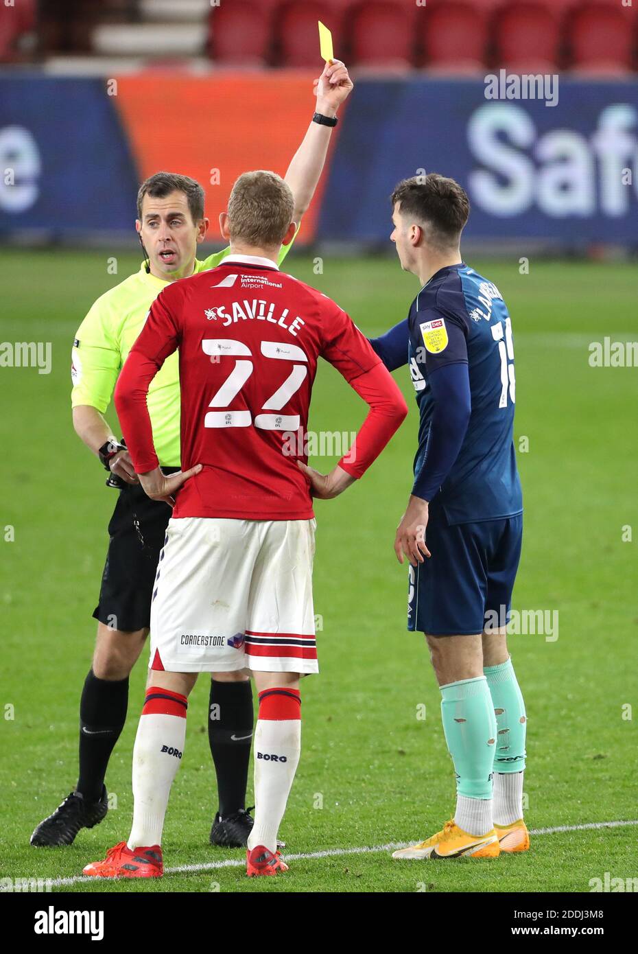 Derby County's Tom Lawrence shown a yellow card for unsporting behaviour during the Sky Bet Championship match at the Riverside Stadium, Middlesbrough. Stock Photo