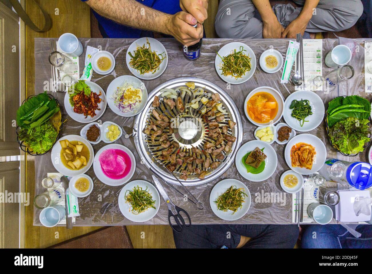 A Korean meal with side dishes called banchan at a restaurant in Gangwon, South Korea Stock