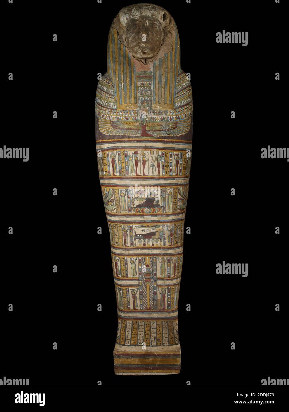 Painted plaster on wood coffin belonging to Lady Tadi-en-hent awy daughter of Nes-Khonsu, 650-500 BC, Ancient Egypt, Sarcophagus, Death, Coffin, Mummy, hieroglyphs Stock Photo