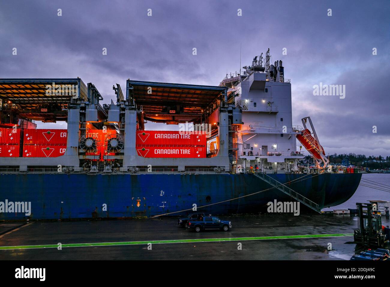 Ship loaded with Canadian Tire Containers, crates, Lynnterm Terminal