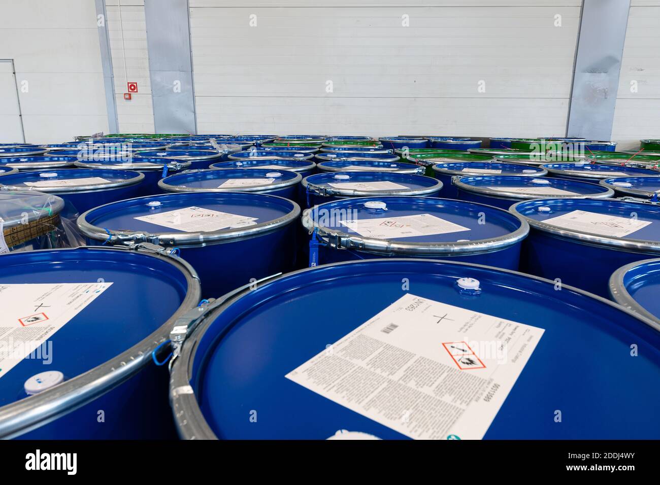warehousing, engineering concept, barrels of toxic substances Stock