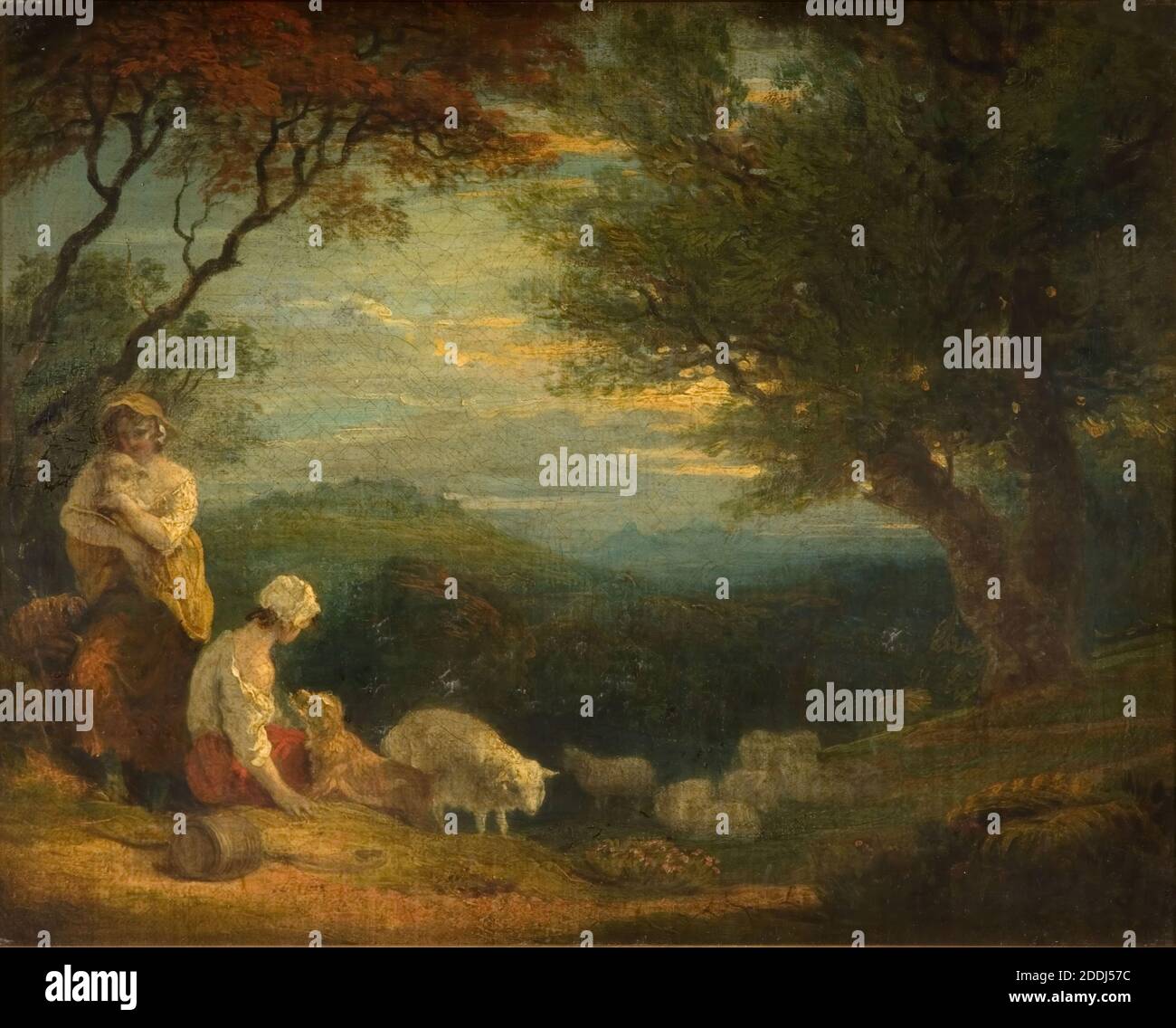 Landscape With Women, Sheep and Dog, 1830 By Richard Westall, Tree, Landscape, Oil Painting, Women, Animal, Dog, Animal, Sheep Stock Photo