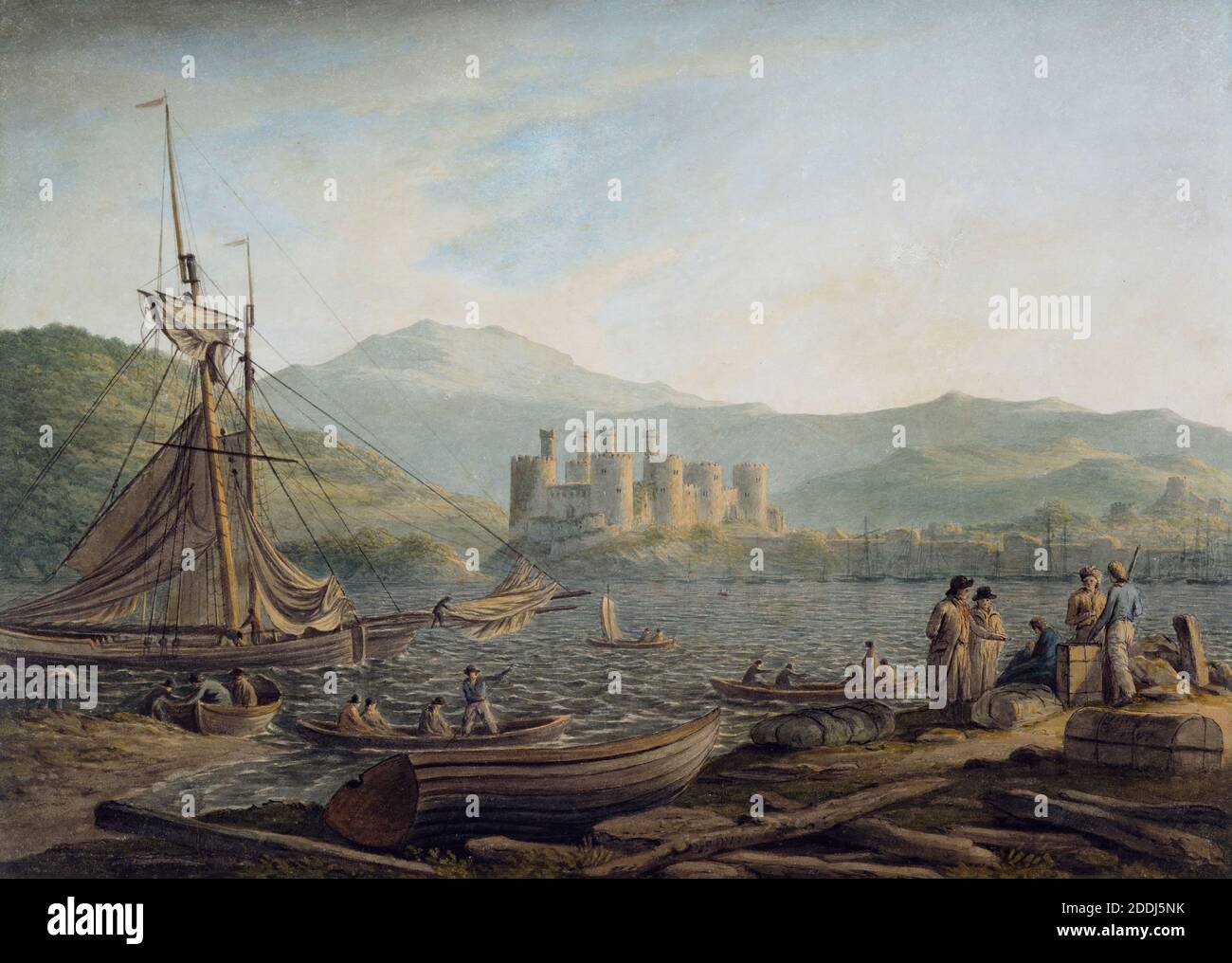 Conway, North Wales, 1797 John Glover, Also spelt Conwy, Boat, Landscape, Mountain, Watercolour, Castle, Coast, Harbour, Wales, Snowdonia Stock Photo