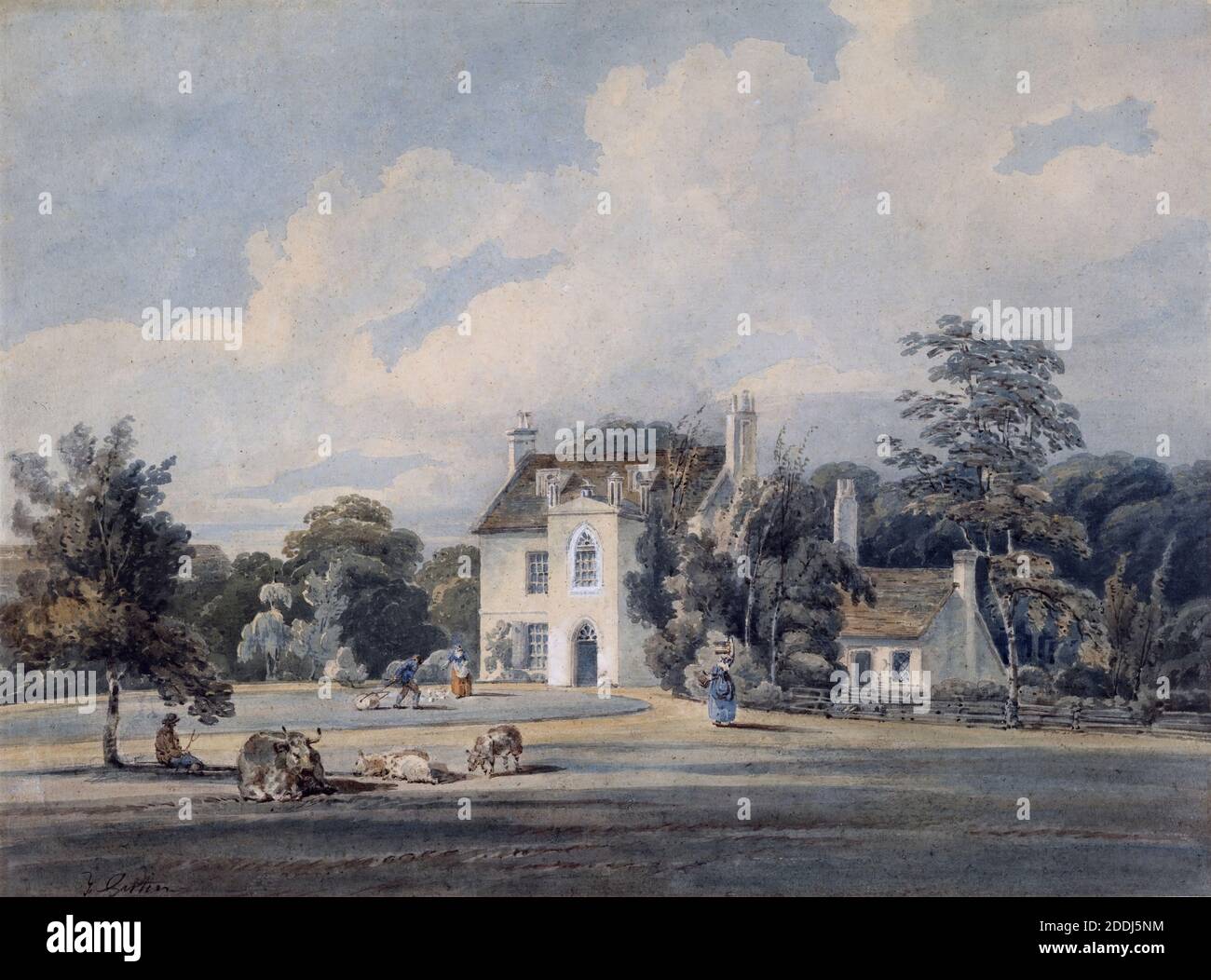 Chalfont Lodge, Buckinghamshire, 1795-96 Thomas Girtin, Landscape, Watercolour, England, Animal, Cow, Countryside, Architecture, House Stock Photo