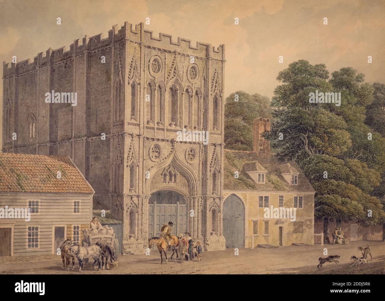 Abbey Gate, Bury St Edmunds, 1788-1801 Michael 'Angelo' Rooker, Watercolour, Architecture, Animal, Dog, Animal, Horse, England, Suffolk Stock Photo