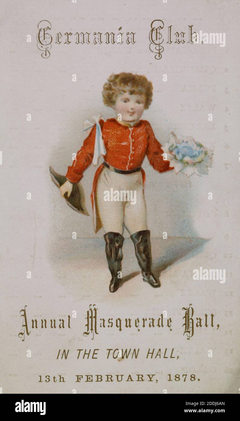 Dance Card, Germania Club Annual Ball, Town Hall, Birmingham, 1878, Piece of folded coloured card, with an image of a child in military uniform on the front, with 'Germania Club Annual Masquerade Ball, in the Town Hall, 13th February, 1878 Stock Photo