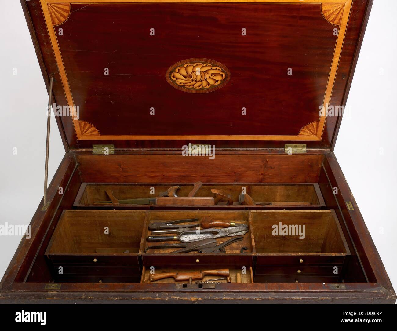 The 'Dolling' Tool Chest, 1780-1790, Large tool chest with hinged lid to top. pine carcass, the interior fitments of oak & pine, veneered with Spanish mahogany, inlaid with various woods., Social history, Wooden, Box, Work, Carpenter Stock Photo