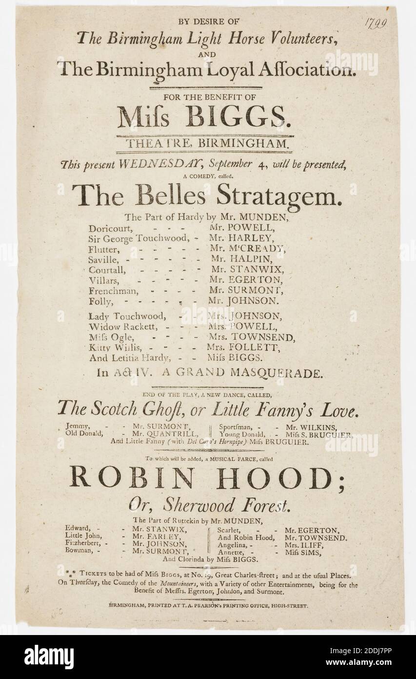 Theatre Bill, Birmingham Theatre, 1799, Social history, Theatre, Dance, Birmingham history, Actor, Theatre, Performer Stock Photo
