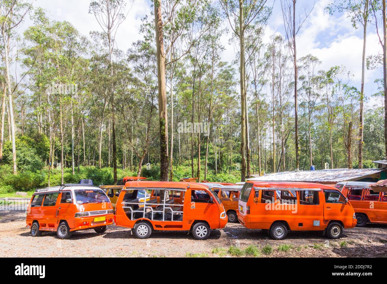 Taxibuses locally called angkut at a parking lot in Kawah Putih, Bandung, Indonesia Stock Photo