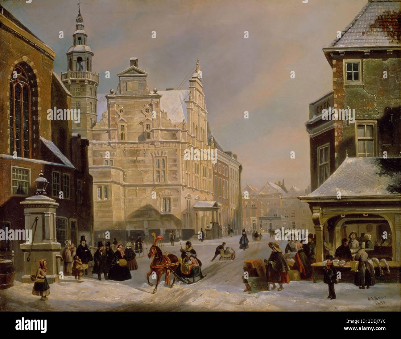 Town Hall, The Hague, 1853 Carel Jacobus Behr, Snow, Oil Painting, Netherlands, Dutch, Season, Winter, Street scene Stock Photo