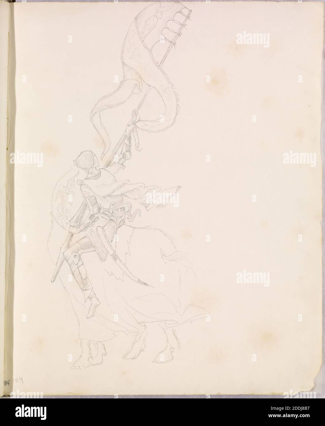 Sketchbook of Byzantine and Romanesque Decoration, 1887-1894 Study of a Medieval knight on horseback carrying a standard Sir Edward Burne-Jones, 110 sketches of Mediaeval and Byzantine decoration made in connection with studies for the 'Holy Grail' tapestries for Morris & Co., Art Movement, Pre-Raphaelite, Pencil, Sketch Stock Photo