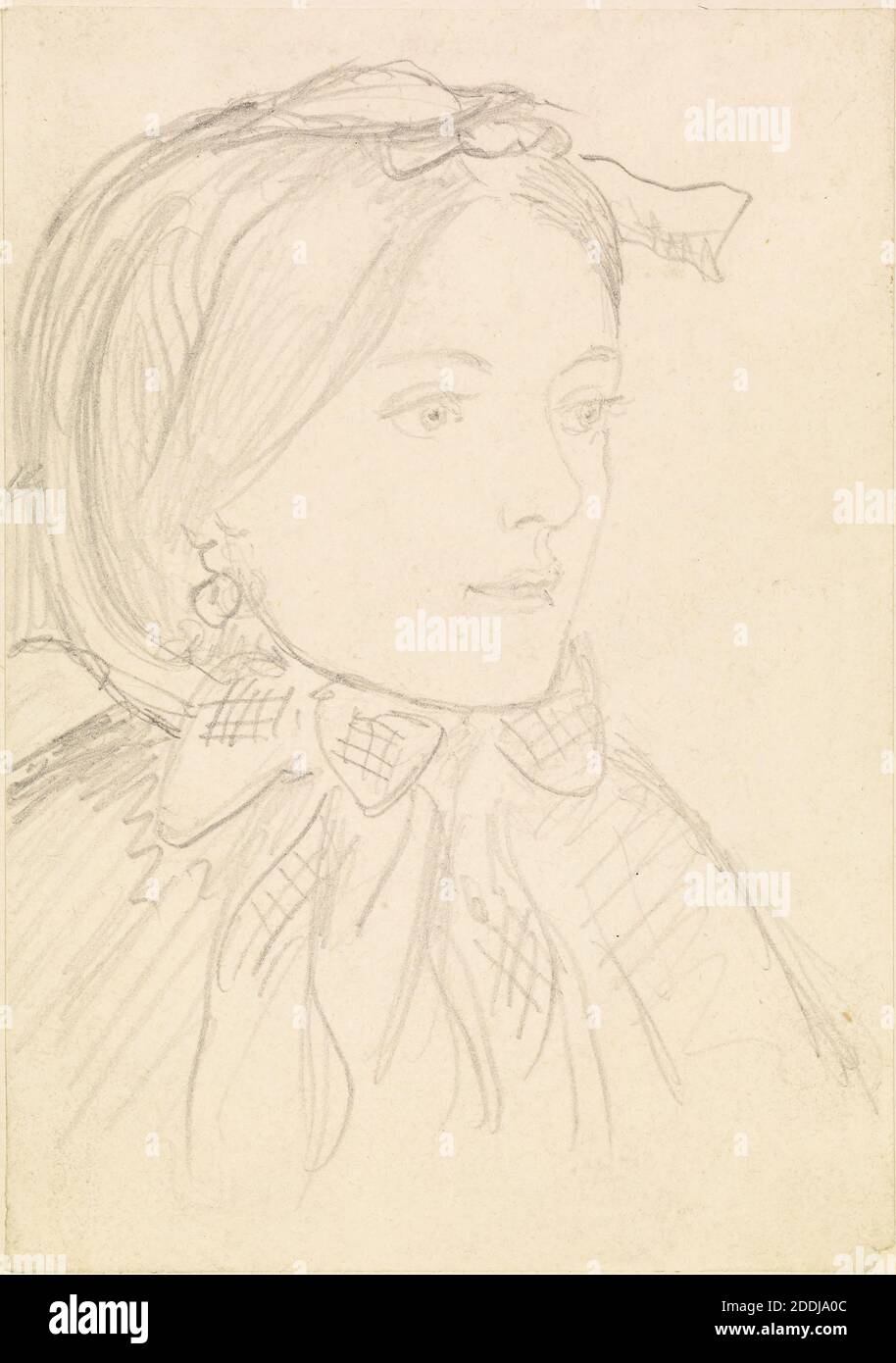 Female, Head and Shoulders of a Woman in a Bonnet, 1859-60 Dante Gabriel Rossetti, Drawing, Pencil, Portrait, Pre-Raphaelite, Female, Costume, Hat Stock Photo