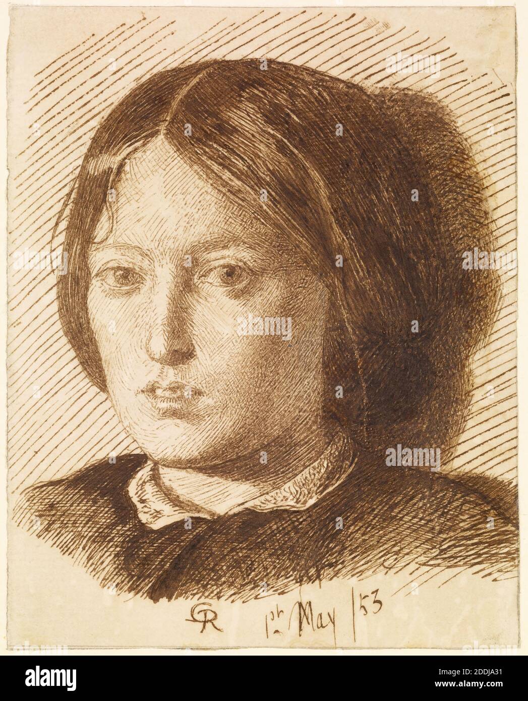 Portrait of Emma Madox Brown, dated 01, 05, 1853 Dante Gabriel Rossetti, Head and shoulders of a young woman by lamp-light. The sitter was also known as Emma Hill., Art Movement, Pre-Raphaelite, Drawing, Ink, Women, Sketch, Portrait, Female, Pen Stock Photo