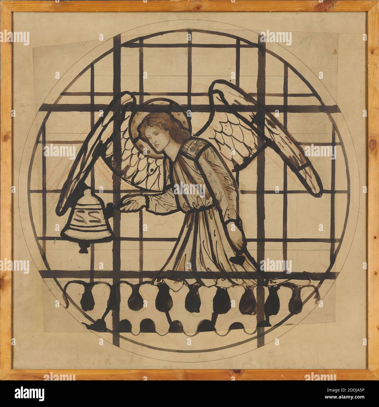 Angel Playing on Bells, 1862 Sir Edward Burne-Jones (d.1898), Design for St Michael and All Angels Church, Brighton, Sussex, England, Art Movement, Pre-Raphaelite, 19th Century, Ink, Music, Angel, Round, Wash drawing, Bell, Tondo, Works on Paper Stock Photo