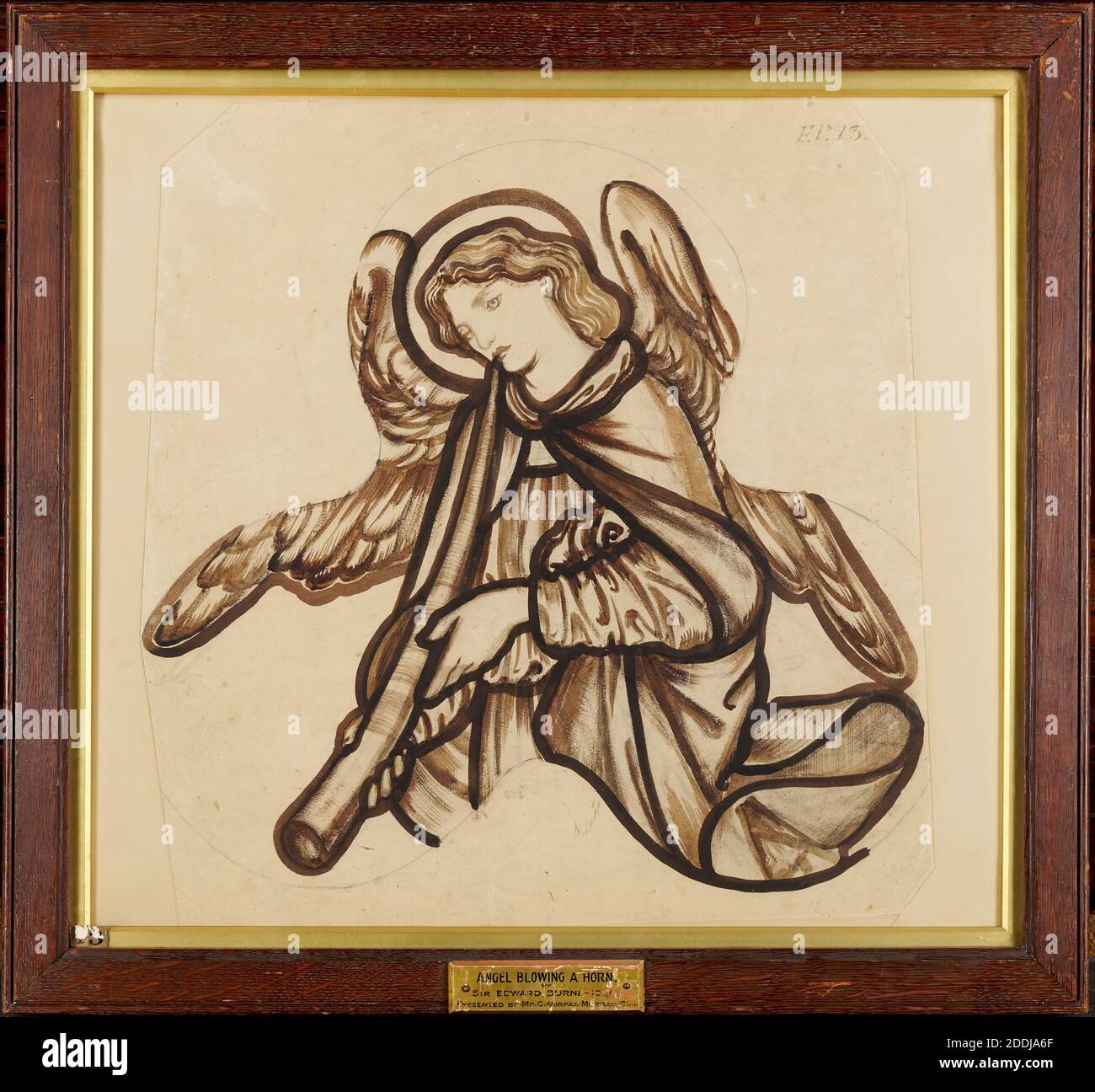 Angel Playing a Horn, 1862-3 Sir Edward Burne-Jones (d.1898), Design for St Michael and All Angels Church, Lyndhurst, New Forest, Art Movement, Pre-Raphaelite, Ink, Musical instrument, Angel, Design, Mixed media, Trefoil, Wash drawing, Unfinished, Works on Paper Stock Photo