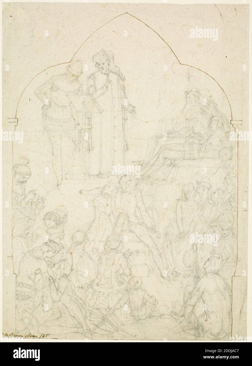 Chaucer at the Court of Edward III, Early compositional Study, 1845, Geoffrey Chaucer stands at the top, on the left, reading. on the left standing next to Chaucer is John of Gaunt in armour. Seated on the right with a beard is King Edward III and below him reclining is the Black Prince. At the bottom are various other figures in medieval dress including a jester at the front on the extreme right. the scene is enclosed in a trefoil arch and above this is a faint head in profile to the right. Artist: Ford Madox Brown, Pencil With Brown Ink On Paper, 19th CenturyPre-Raphaelite Stock Photo