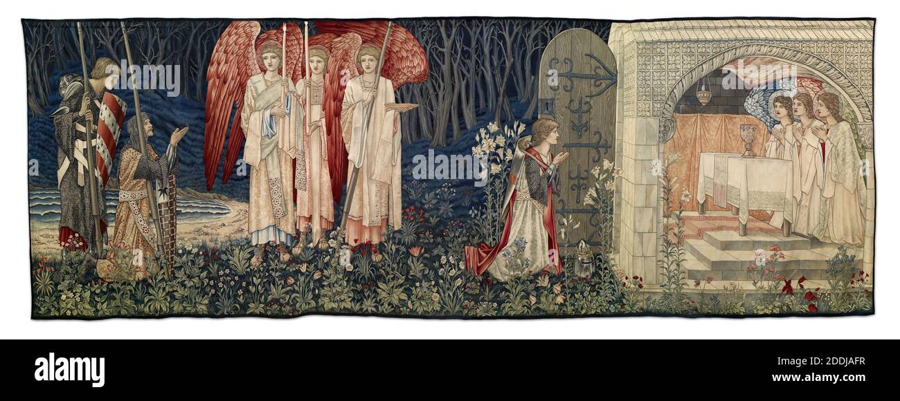 Quest for the Holy Grail Tapestries, Panel 6, The Attainment; The Vision of the Holy Grail to Sir Galahad, Sir Bors and Sir Percival, 1895-96 Designer: Sir Edward Burne-Jones Designer: William Morris Designer: John Henry Dearle Manufacturer: Morris & Co, The sixth narrative panel of the series., Applied Arts, Arts and Crafts, Textiles, AngelPre-Raphaelite, Tapestry, Knight, Arthurian Legend, Holy Grail Stock Photo