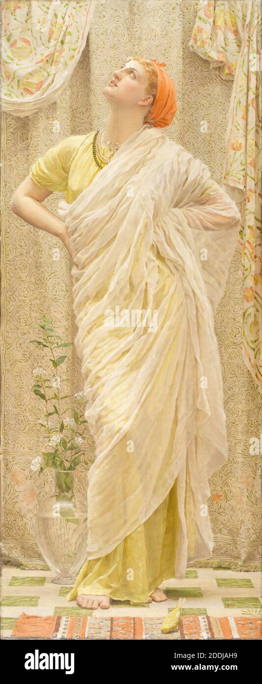 Birds also known as Canaries by Albert Joseph Moore, 1841 – 1893, an English painter, known for his depictions of languorous female figures set against the luxury and decadence of the classical world. Bird, Figurative, Female, Yellow Stock Photo