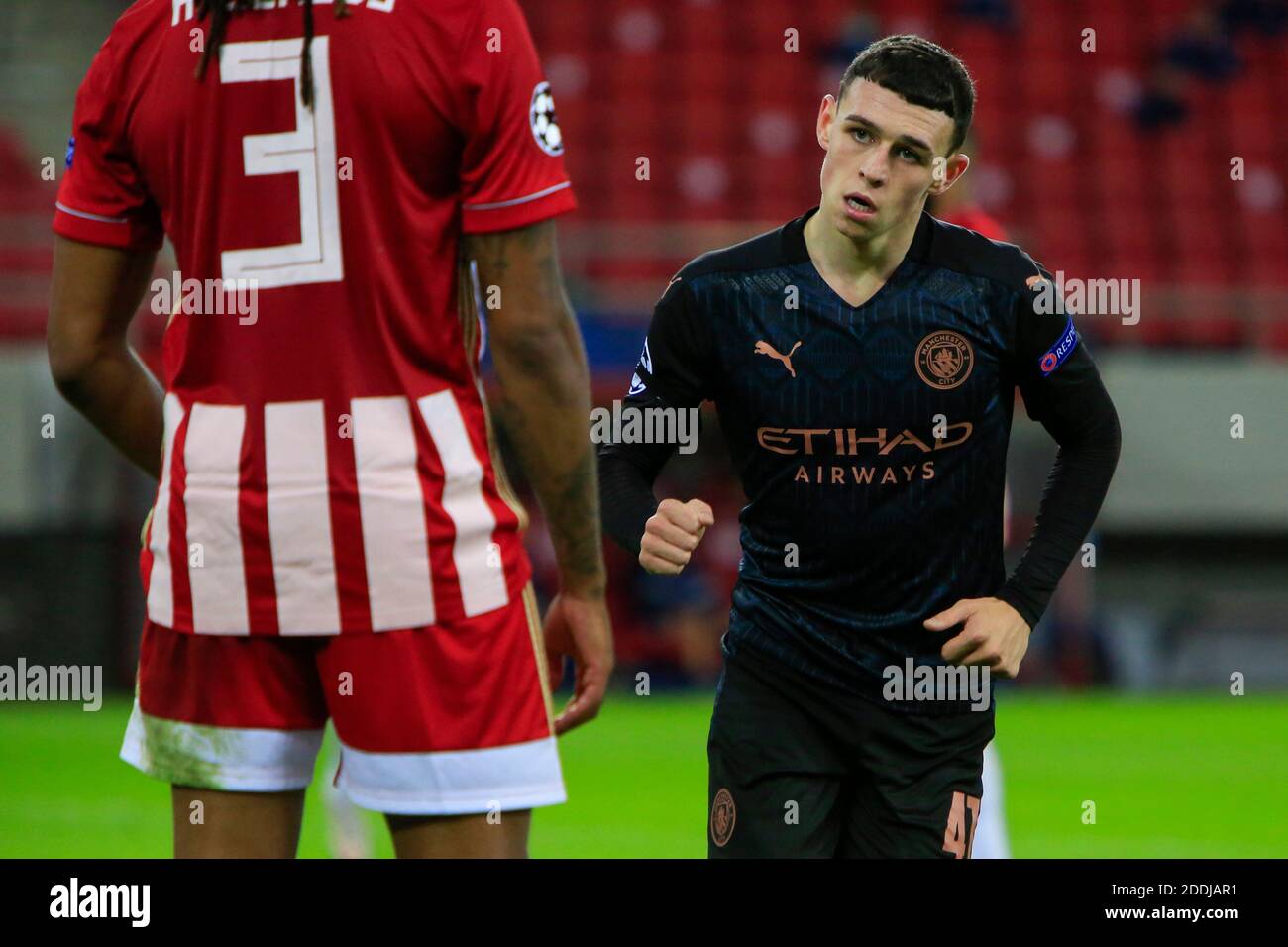 PIRAEUS, GREECE - NOVEMBER 25: Phil Foden of Manchester City, celebrates  his goal during the UEFA Champions League Group C stage match between  Olympiacos FC and Manchester City at Karaiskakis Stadium on