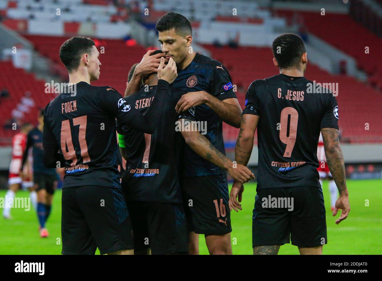 PIRAEUS, GREECE - NOVEMBER 25: Phil Foden of Manchester City celebrates his goal with his teammates during the UEFA Champions League Group C stage match between Olympiacos FC and Manchester City at Karaiskakis Stadium on November 25, 2020 in Piraeus, Greece. (Photo by MB Media) Stock Photo