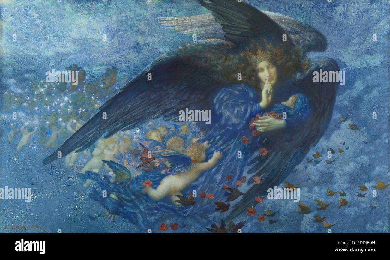 Night with her Train of Stars, 1912 The painting's title is derived from W. E Henley's (1849-1903) poem 'Margaritae Sorori' (Translates as 'Sister Margaret') Artist: E.R.Hughes (Edward Robert Hughes), Blue, Watercolour, Angel, Sky Stock Photo