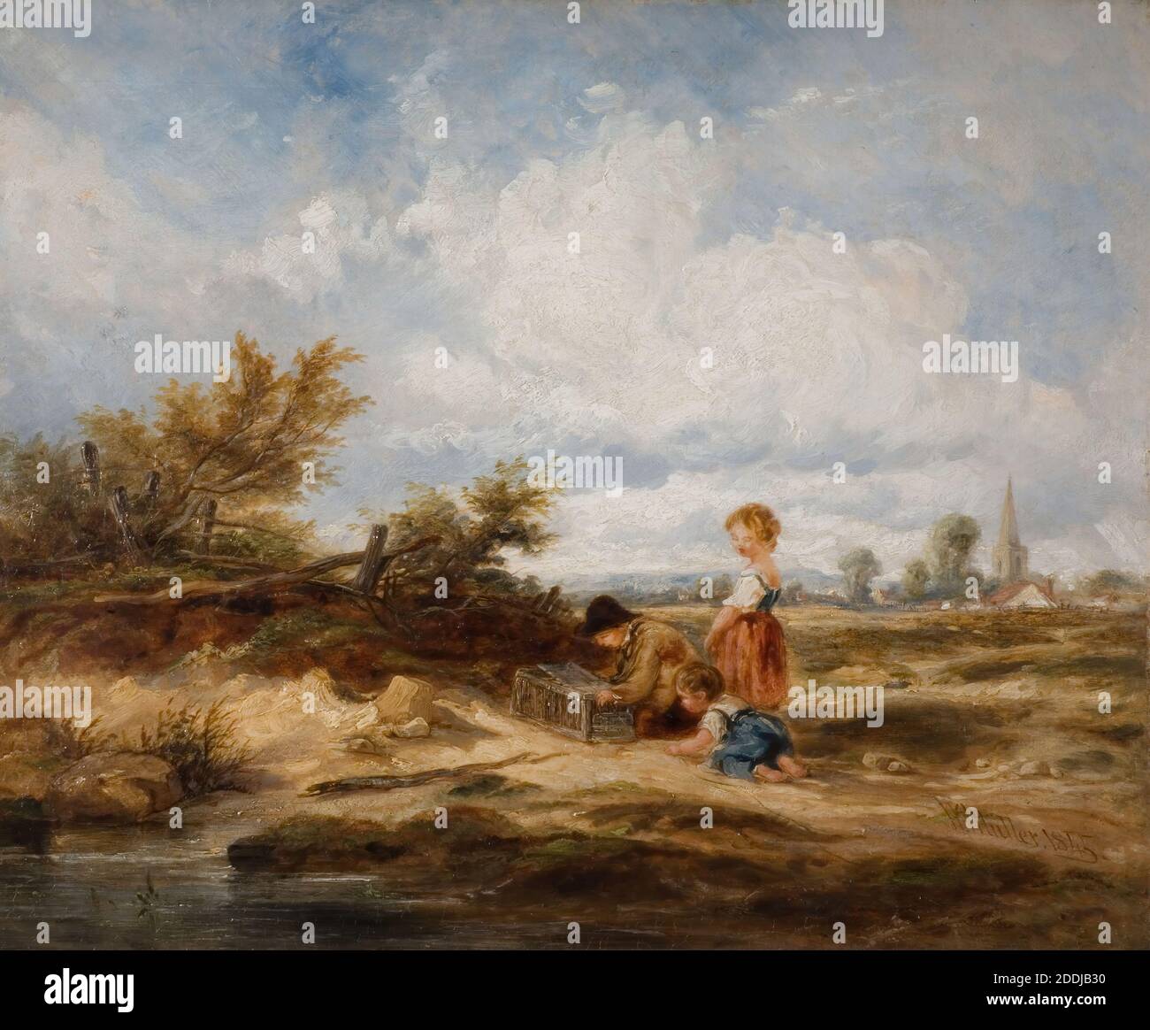 Hampstead Heath, The Bird Trap, 1845 By William James Muller, Girl, Landscape, Oil Painting, Cloud, Child, Sky, Boy, London, Sand Stock Photo