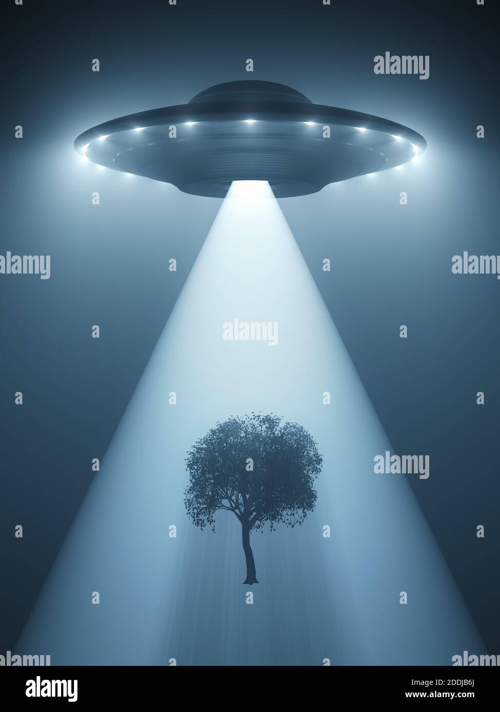Unidentified flying object flying at night and levitating a tree with the tractor beam. 3D illustration. Stock Photo