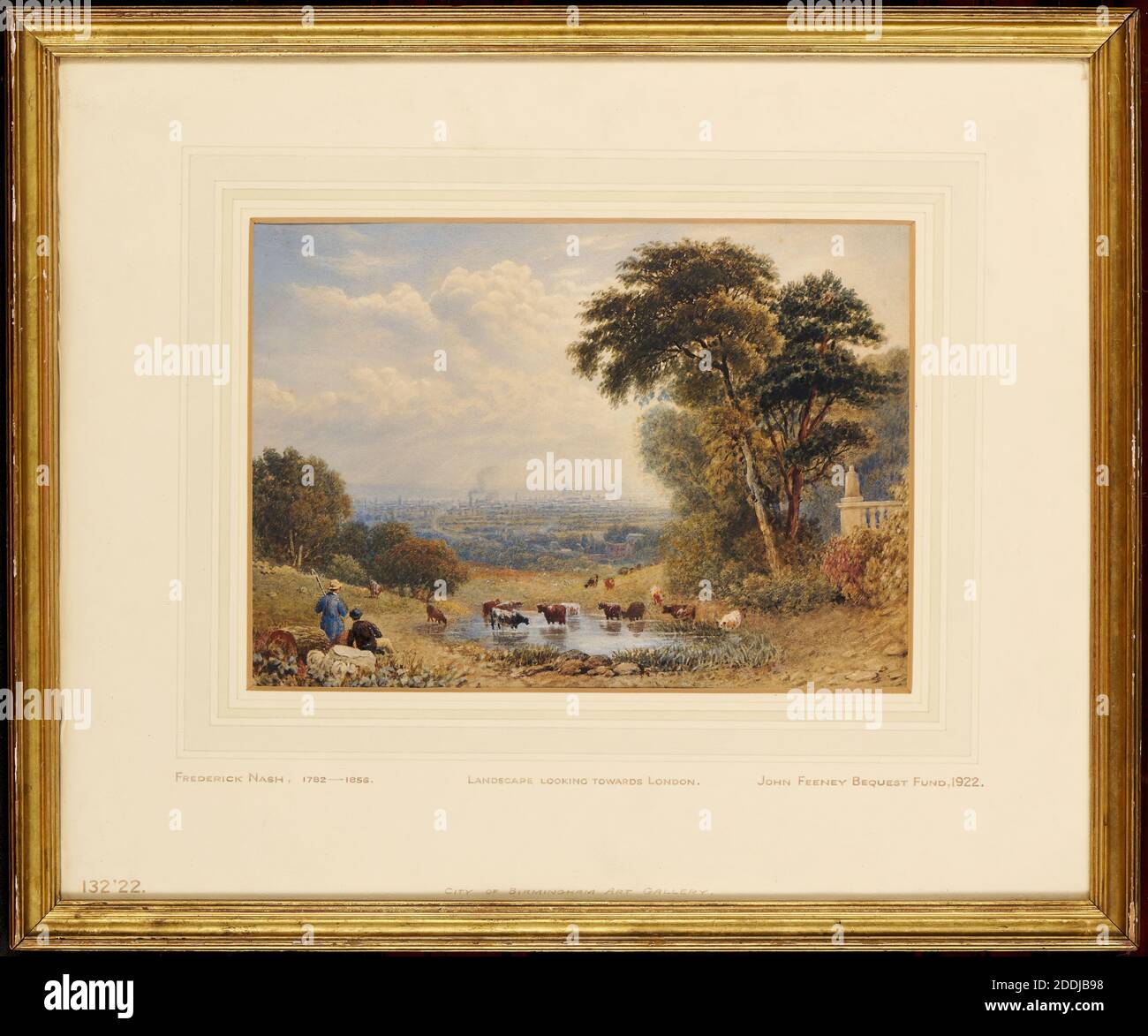 Landscape Looking Towards London, 1800-50 Frederick Nash, Landscape, 19th Century, Drawing, Watercolour, Topographical Views, Frame, Animal, Cow, London, Nature, Pond, Animal, Works on Paper Stock Photo
