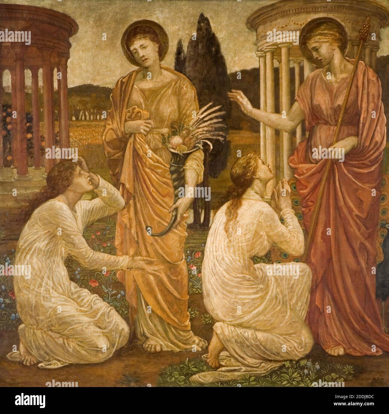 Cupid and Psyche, Palace Green Murals, Psyche at the Shrines of Juno and Ceres, 1881 By Sir Edward Burne-Jones and Walter Crane A scene from William Morris' 'The Earthly Paradise'., Oil Painting, Roman Gods Stock Photo