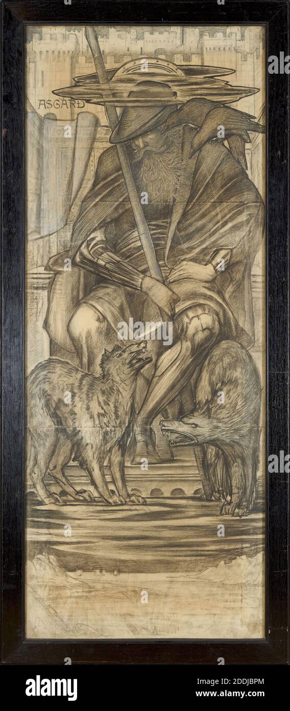Odin, 1883-84 Sir Edward Burne-Jones (d.1898), Two ravens, Hugin and Munin, on his left shoulder, two wolves Geri and Freki at his feet. 'Asgard' refers to where the gods reside in Norse mythology. Design for Vinland, Newport, Rhode Island, USA, 19th Century, Drawing, Chalk, Gouache, Frame, Full-length, Animal, Wolf, Seated, Works on Paper, Norse Mythology, Bird, Raven Stock Photo