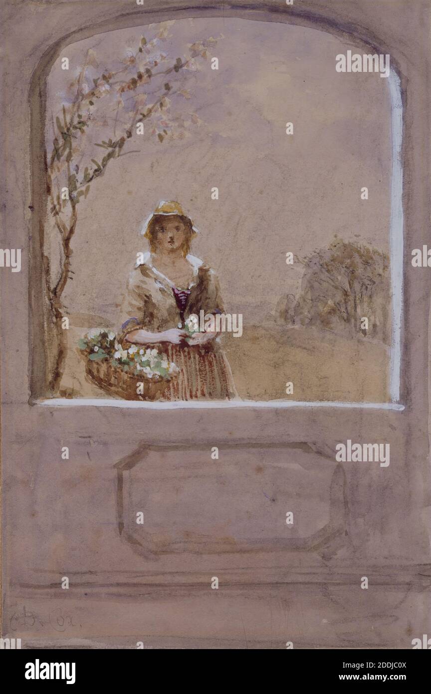 The Four Seasons-Spring, 1849 David Cox, Window, Watercolour, Flower, Blossom, Female, Season, Spring Stock Photo