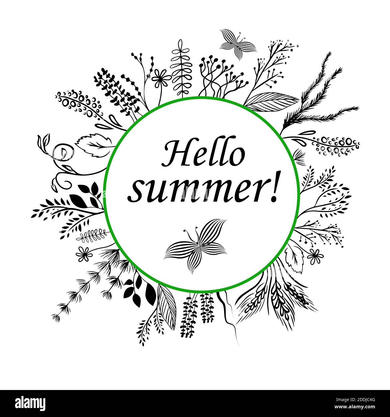 Round frame with flowers and grass. Vector illustration. Hello summer ...
