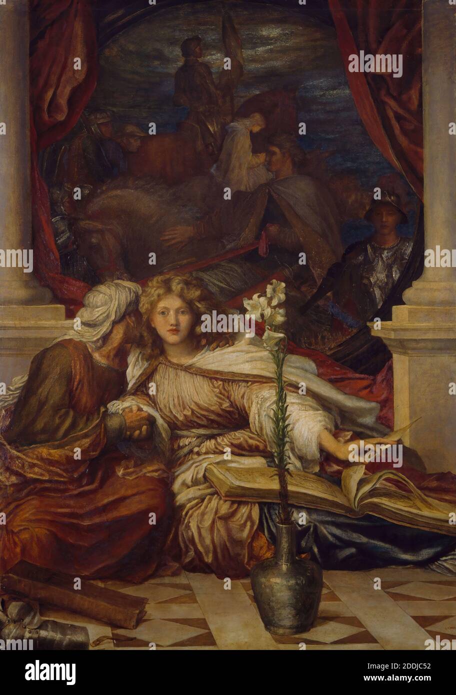 Britomart, 1877-78 George Frederic Watts, The subject is taken from Edmund Spenser's epic poem, 'Faerie Queen', Oil Painting, Female, Literature, Poetry, Literature, Character, Flower, Lily Stock Photo