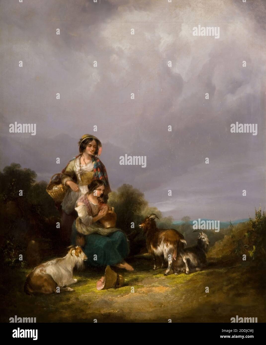 Two Young Women And Goats In A Landscape, 1870 By William Shayer the Elder, Landscape, Oil Painting, Women, Cloud, Female, Goat Stock Photo