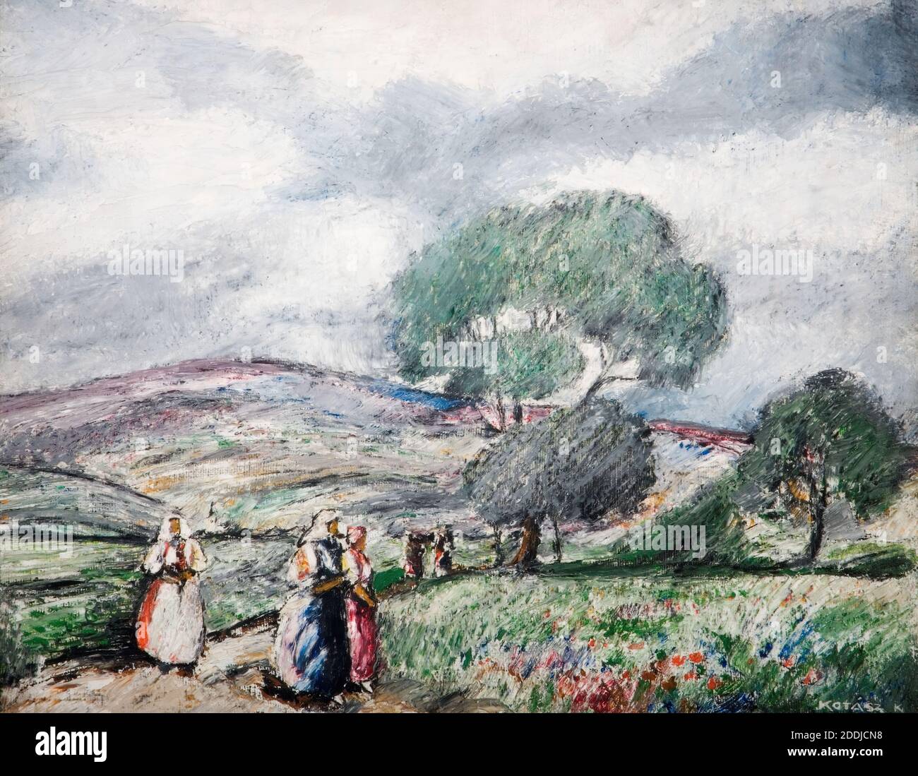 Stormy Landscape With Blue And Red Figures, 1940 By Karoly Kotasz (d.1941), Landscape, Women, Rural, Modernism Stock Photo