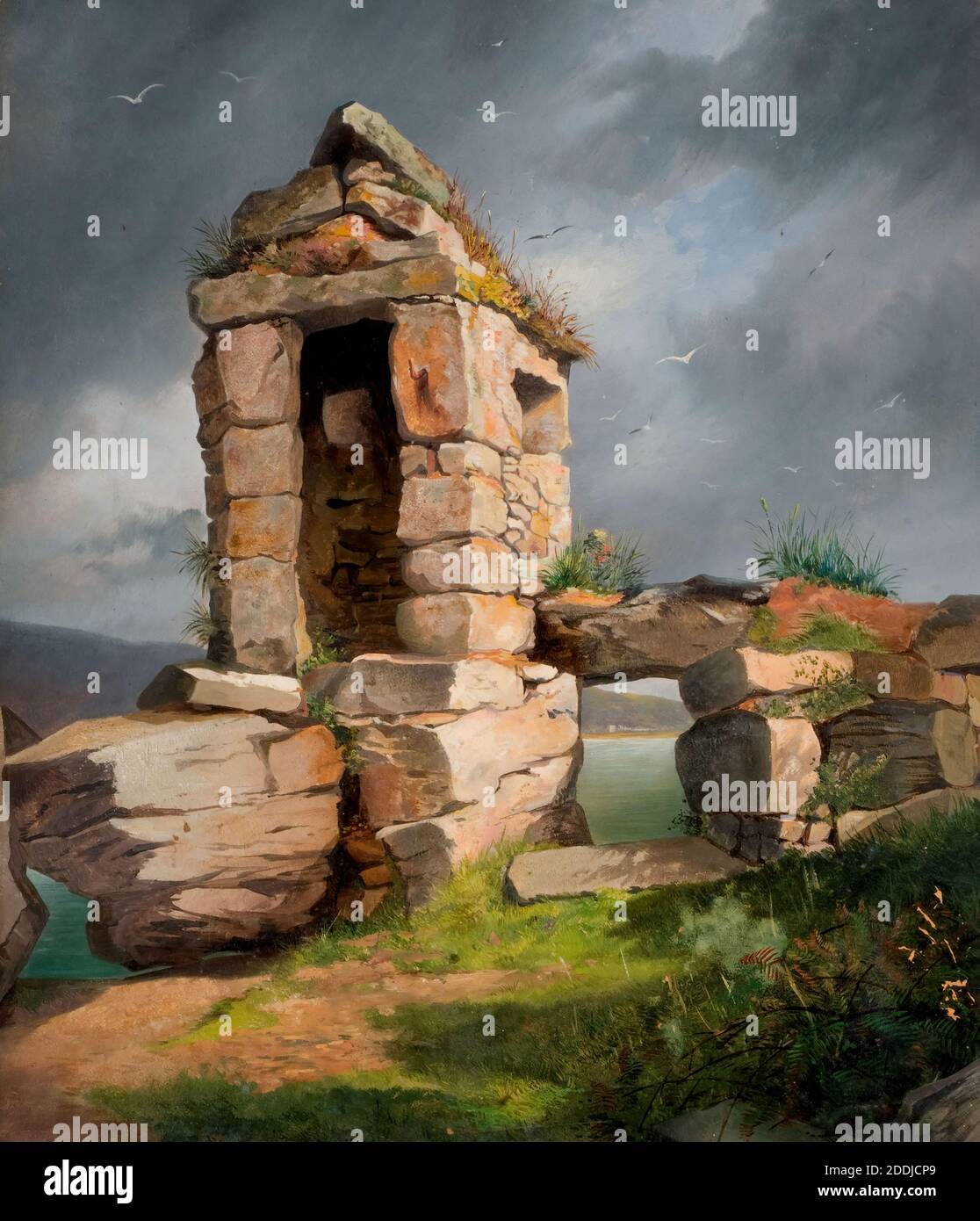 Ruins, St Michael's Mount, Cornwall, 1858 By Benjamin Johnson Jnr, Landscape, Oil Painting, England, Ruins, Cloud, Sea, Cornwall Stock Photo
