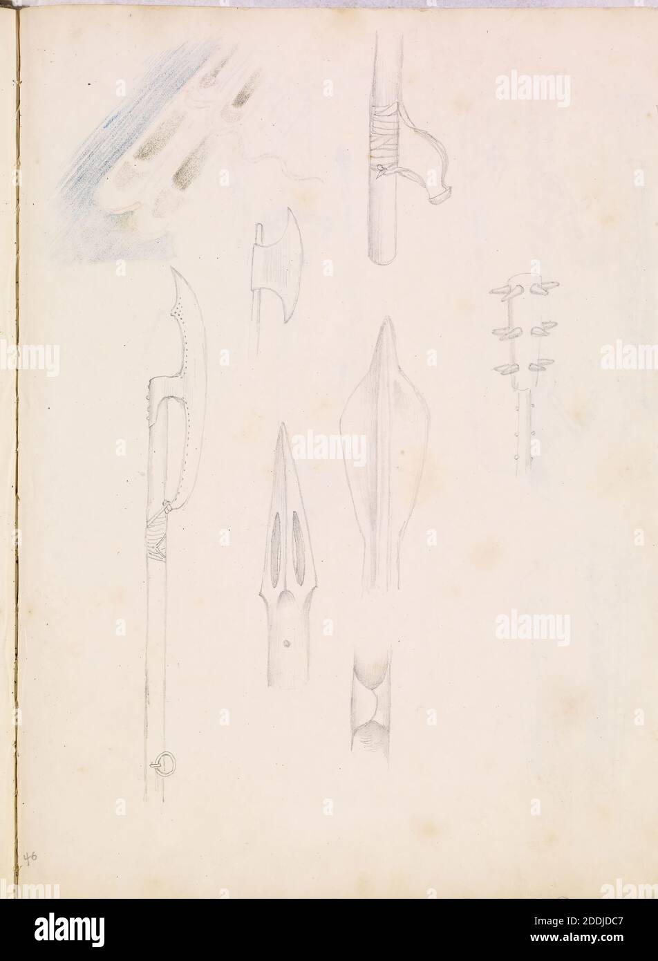 Sketchbook of Byzantine and Romanesque Decoration, 1887-1894 Studies of weaponry Sir Edward Burne-Jones, 110 sketches of Mediaeval and Byzantine decoration made in connection with studies for the 'Holy Grail' tapestries for Morris & Co., Art Movement, Pre-Raphaelite, Pencil, Sketch Stock Photo