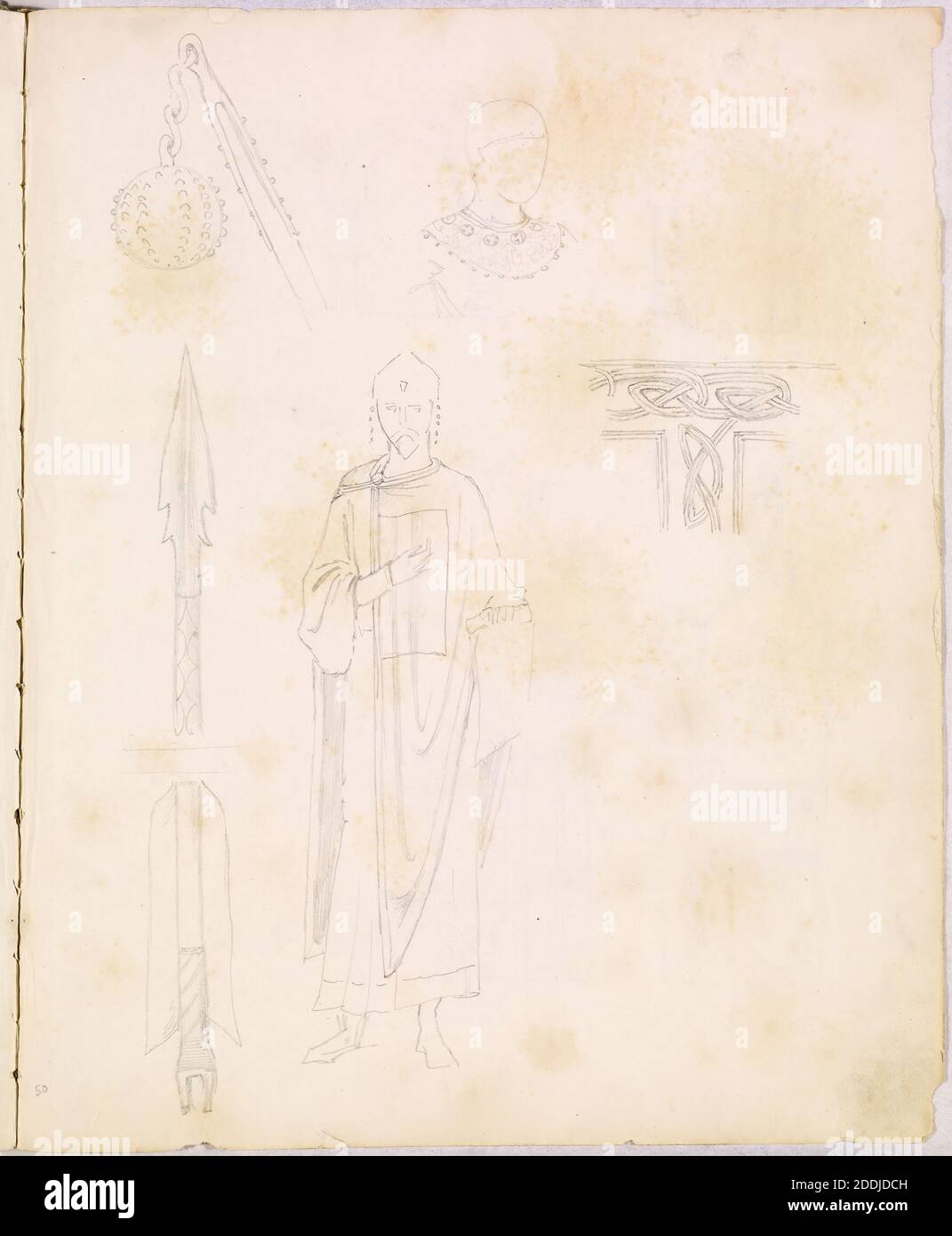 Sketchbook of Byzantine and Romanesque Decoration, 1887-1894 Studies of weaponry and costume Sir Edward Burne-Jones, 110 sketches of Mediaeval and Byzantine decoration made in connection with studies for the 'Holy Grail' tapestries for Morris & Co., Art Movement, Pre-Raphaelite, Pencil, Sketch, Illustration, Study Stock Photo