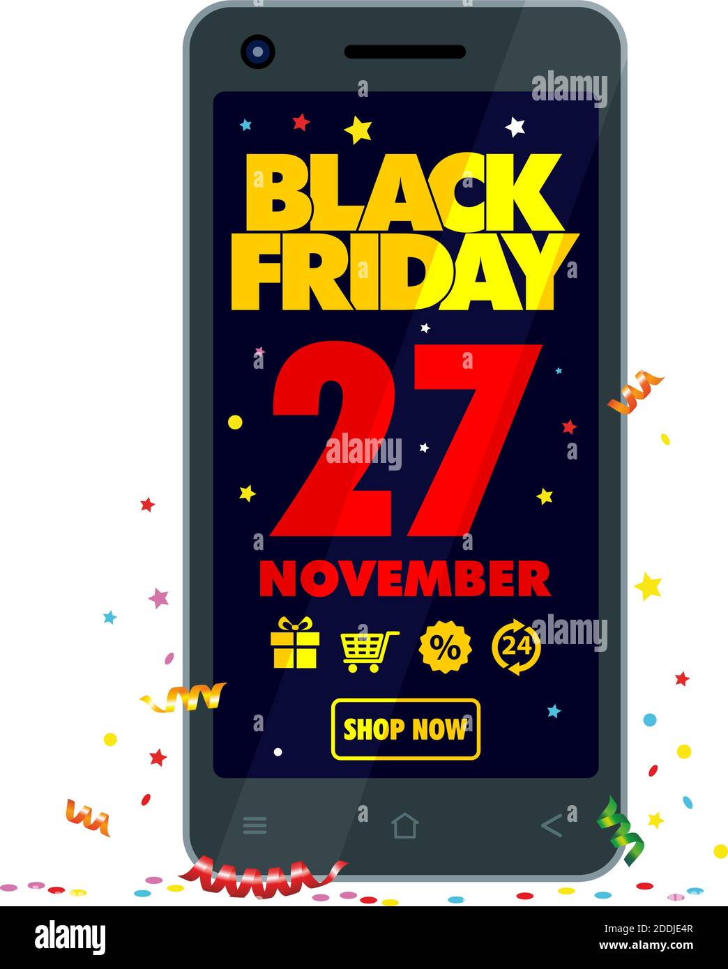 2020 Black Friday November 27. Holiday of discounts and gifts in smartphone. Online shopping on sale. Vector on transparent background Stock Vector
