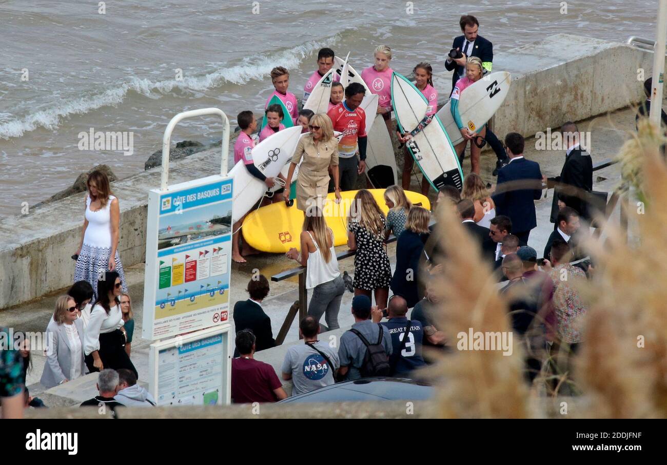 Brigitte Macron, Melania Trump and other leaders’ spouses watch a surf class on the Cote des Basques beach in Biarritz, France, August 26, 2019, on the final day of the G7 summit. Photo by Patrick Aventurier/ABACAPRESS.COM Stock Photo