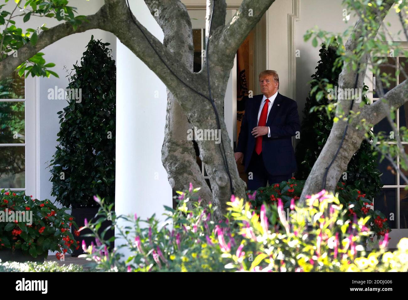 U.S. President Donald Trump walks out from the Oval Office of the White ...
