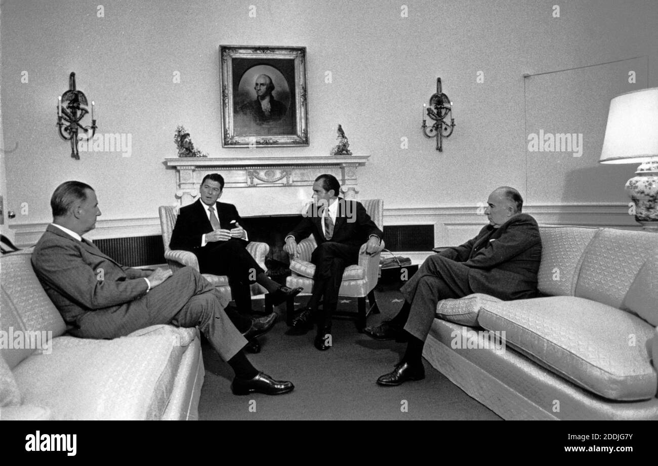File photo of Oval Office meeting on January 24, 1971 with (left to right): United States Vice President Spiro T. Agnew; Ronald Reagan, Governor of California; United States President Richard M. Nixon; and United States Attorney General John Mitchell. Ronald Reagan was the governor of California in 1971 when he phoned the White House to vent his political frustration to President Richard M. Nixon and, according to a newly released audio recording, called African people “monkeys” in a slur that sparked laughter from the president of the United States. Photo by White House/CNP/ABACAPRESS.COM Stock Photo