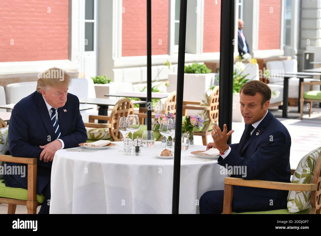 Bilateral Meeting between French President Emmanuel Macron and US President Donald Trump at Hotel du Palais during the G7 summit, in Biarritz, France, on August 24, 2019. Photo by Jacques Witt/Pool/ABACAPRESS.COM Stock Photo