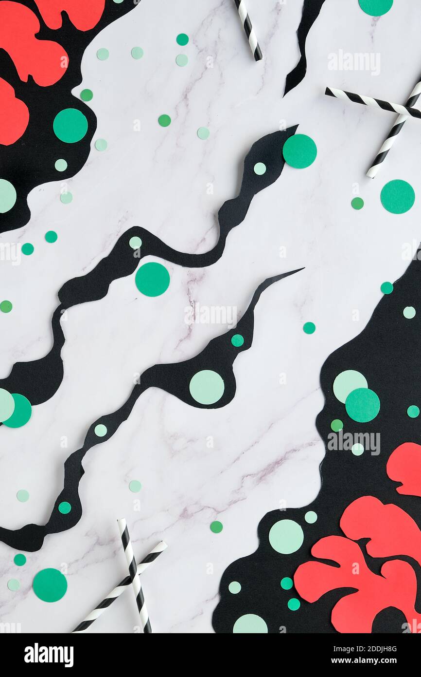 Abstract forms in red, green, black on marble .Matisse inspired background, abstract paper shapes, Stock Photo