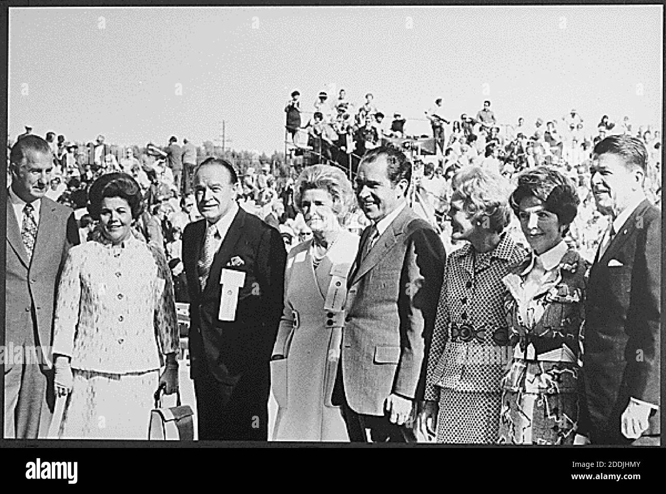 File photo - Pictured at a campaign event in California on November 27, 1971: United States Vice President Spiro T. Agnew, Mrs. Judy Agnew, Bob Hope, Delores Hope, U.S. President Richard M. Nixon, first lady Pat Nixon, Nancy Reagan, and Governor Ronald Reagan of California. Ronald Reagan was the governor of California in 1971 when he phoned the White House to vent his political frustration to President Richard M. Nixon and, according to a newly released audio recording, called African people “monkeys” in a slur that sparked laughter from the president of the United States.Ronald Reagan was the Stock Photo