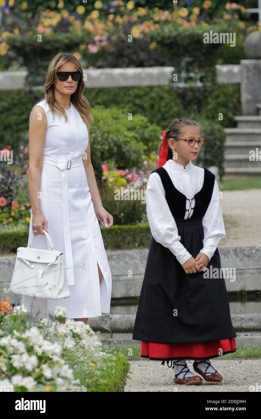 U.S. First Lady Melania Trump pose in the garden of the Villa Arnaga, House-museum of Edmond Rostand, during a visit on traditional Basque culture in Combo-les-Bains, near Biarritz as part of the G7 summit, August 25, 2019. Photo by Thibaud Moritz/ABACAPRESS.COM Stock Photo