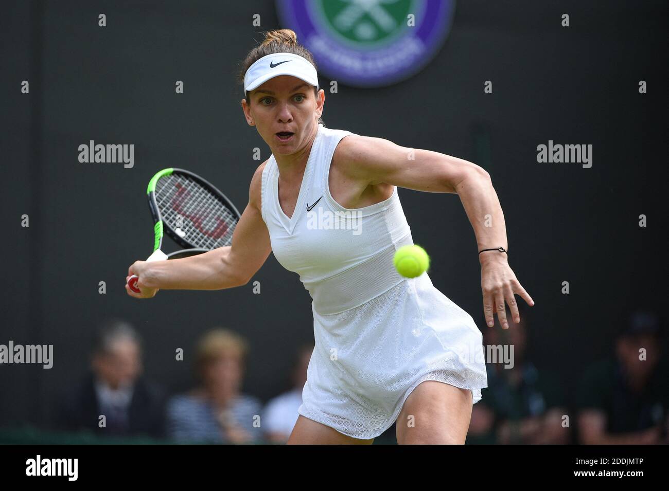 Simona Halep (ROM) plays her fourth round match at the 2019 Wimbledon  Championships at the AELTC in London, UK, on July 8, 2019. Seventh seed  Halep, 27, beat the 15-year-old American qualifier