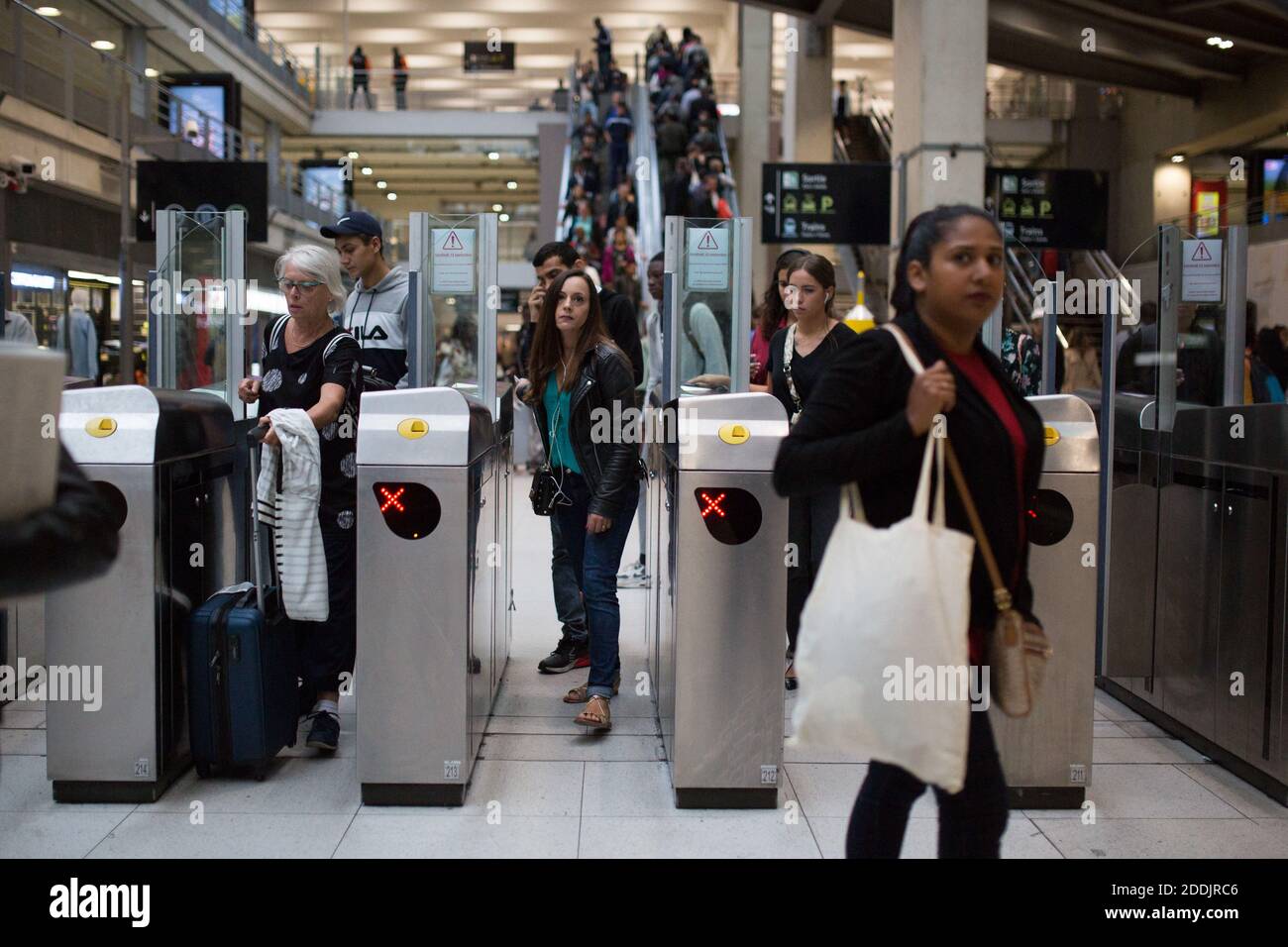 Commuters try to get a train at Gare Du Nord metro station in Paris, France on Septemebr 13, 2019. A one-day strike of Paris public transports operator RATP employees is called by unions over French government's plan to overhaul the country's retirement system. Ten of the city's 16 metro lines were shut down completely, while service on most others was "extremely disrupted," the RATP transit operator said. The city's burgeoning cycle lane system was seeing a surge in traffic as people pulled out bikes to get to work. Photo by Rafael Lafargue/ABACAPRESS.COM Stock Photo