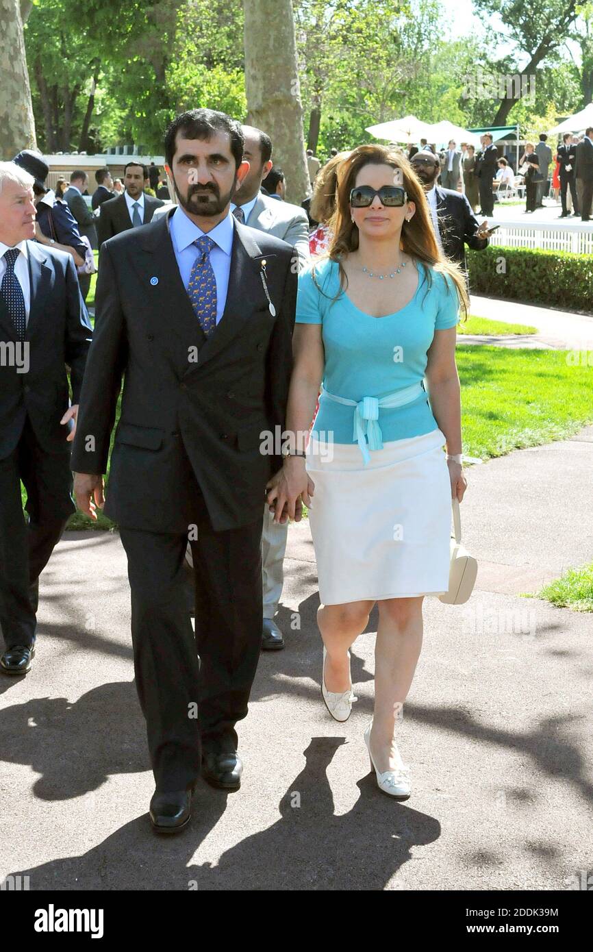 File photo - Jordan's Princess Haya and her husband, Dubai's ruler, Sheikh Mohammed Bin Rashed Al Maktoum attend colts race, known as 'Poule d'Essai des Poulains' at Longchamp racecourse in Paris, France, on May 11, 2008. The younger wife of the ruler of Dubai, the billionaire race horse owner Sheikh Mohammed bin Rashid al-Maktoum, is believed to be staying in a town house near Kensington Palace after fleeing her marriage. Princess Haya bint al-Hussein, 45, has not been seen in public for weeks. One half of one of the sporting world’s most celebrated couples, she failed to appear at Royal Asco Stock Photo